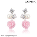 92025 Xuping Fashion Flower Rhodium CZ Diamond Imitation Jewelry Glass Earring with Pearl